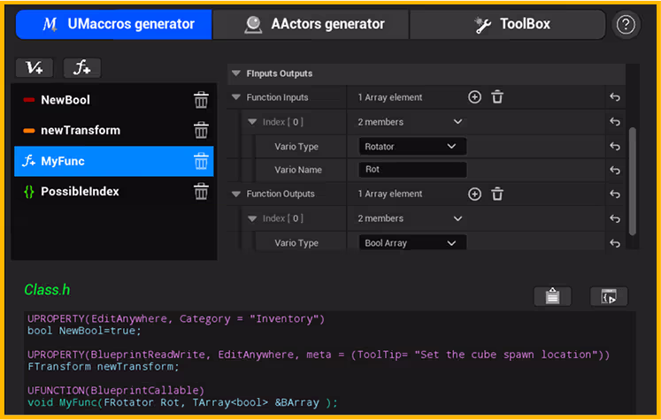 UMacros tab: Create variables and functions